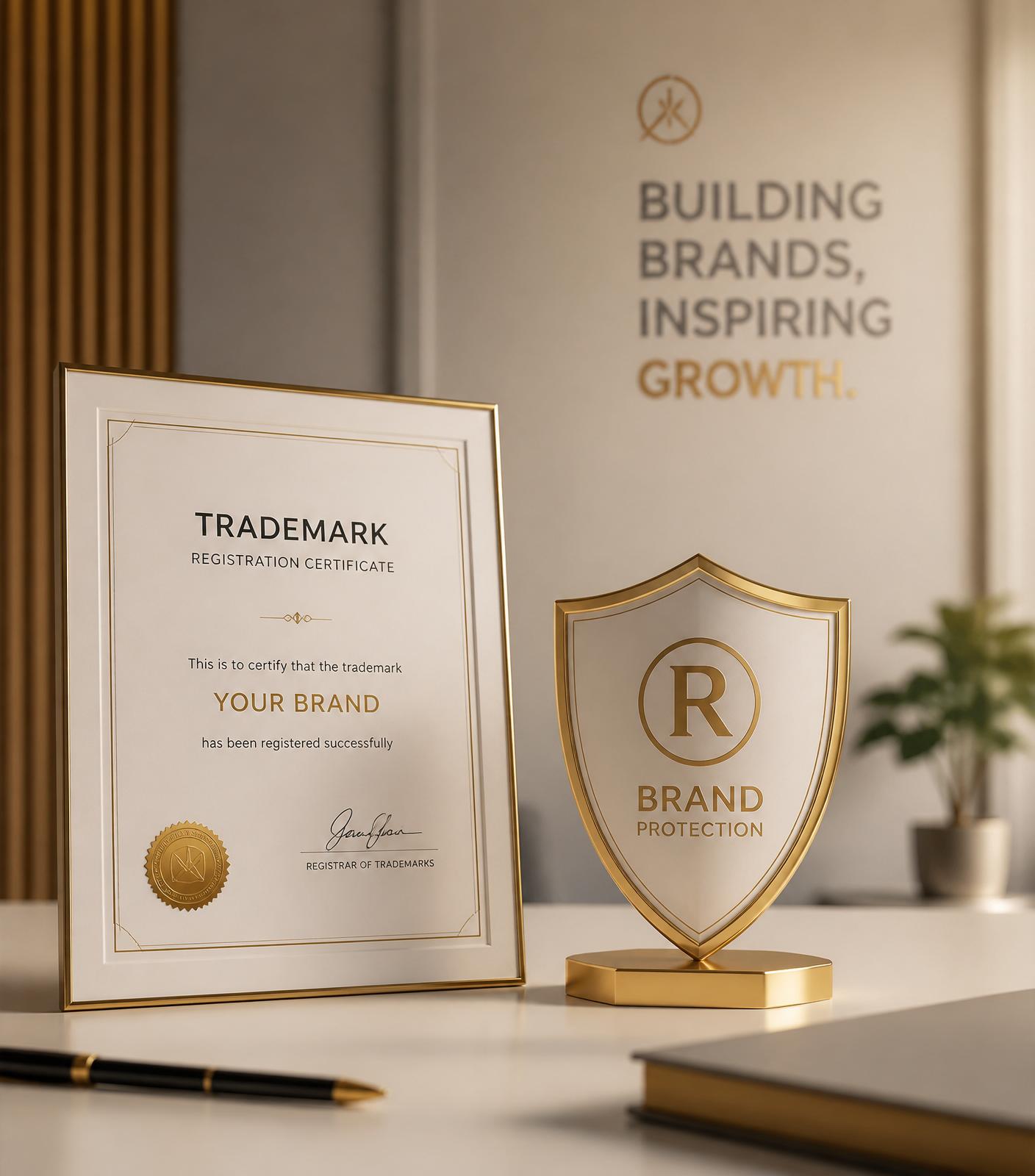 Certificado de registro de marca e escudo dourado representando proteção de marca